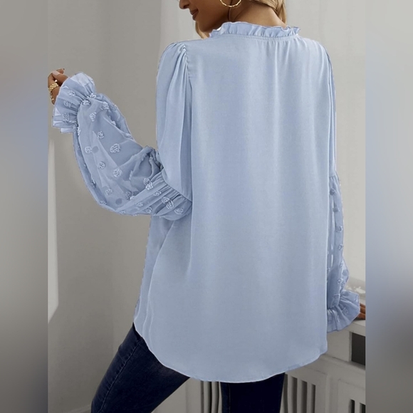 New Boho Flowy Peasant Tie Neck Swiss Dot Blouse Top Light Blue - Picture 5 of 8